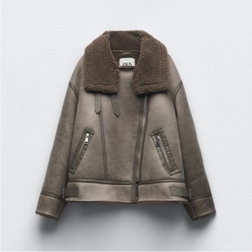 ZARA Double Faced Jacket Sherpa Grey Oversized Biker Size L